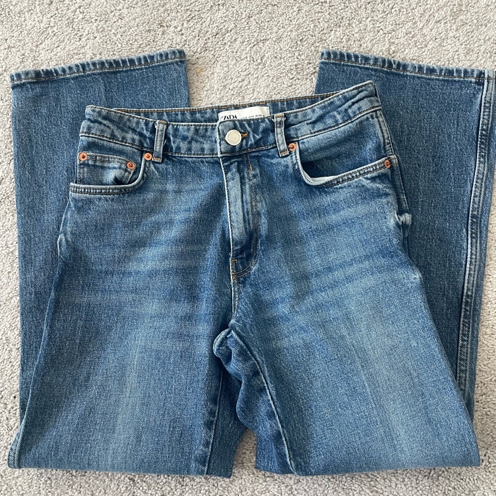 Zara Women’s The Ness Cropped Flaree Straight Blue Jeans